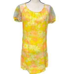 vintage 1960's small womens puff sleeve yellow watercolor daisy mini dress